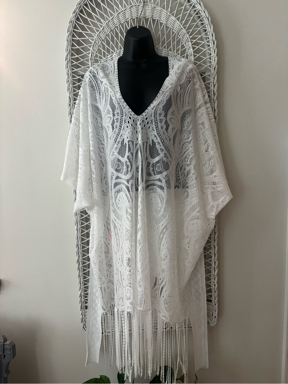 White Lace Fringe V-Neck Swim Coverup